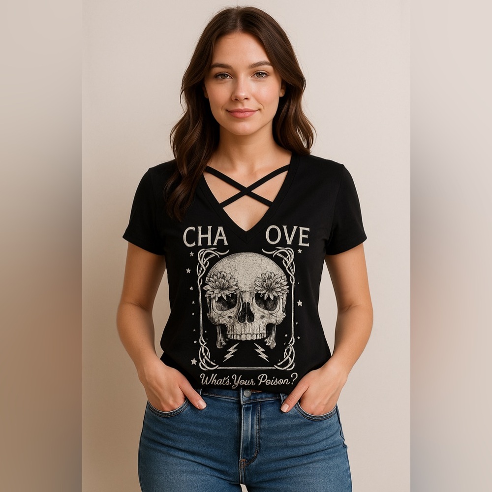 Express Oversized V- Neck What’s Your Poison Skull Tee XXS